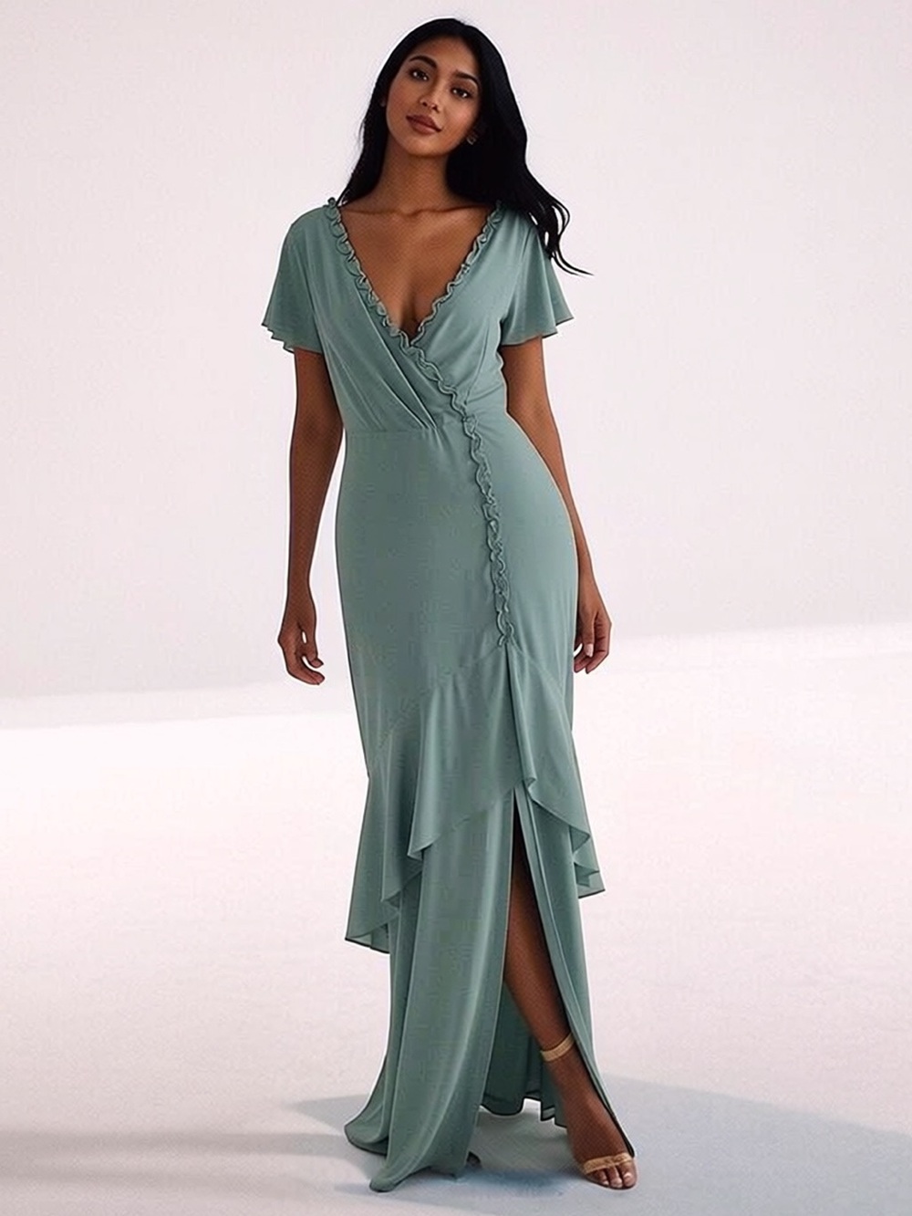 Lulus Sage Green Wrap-Front Maxi Dress with Ruffle Trim